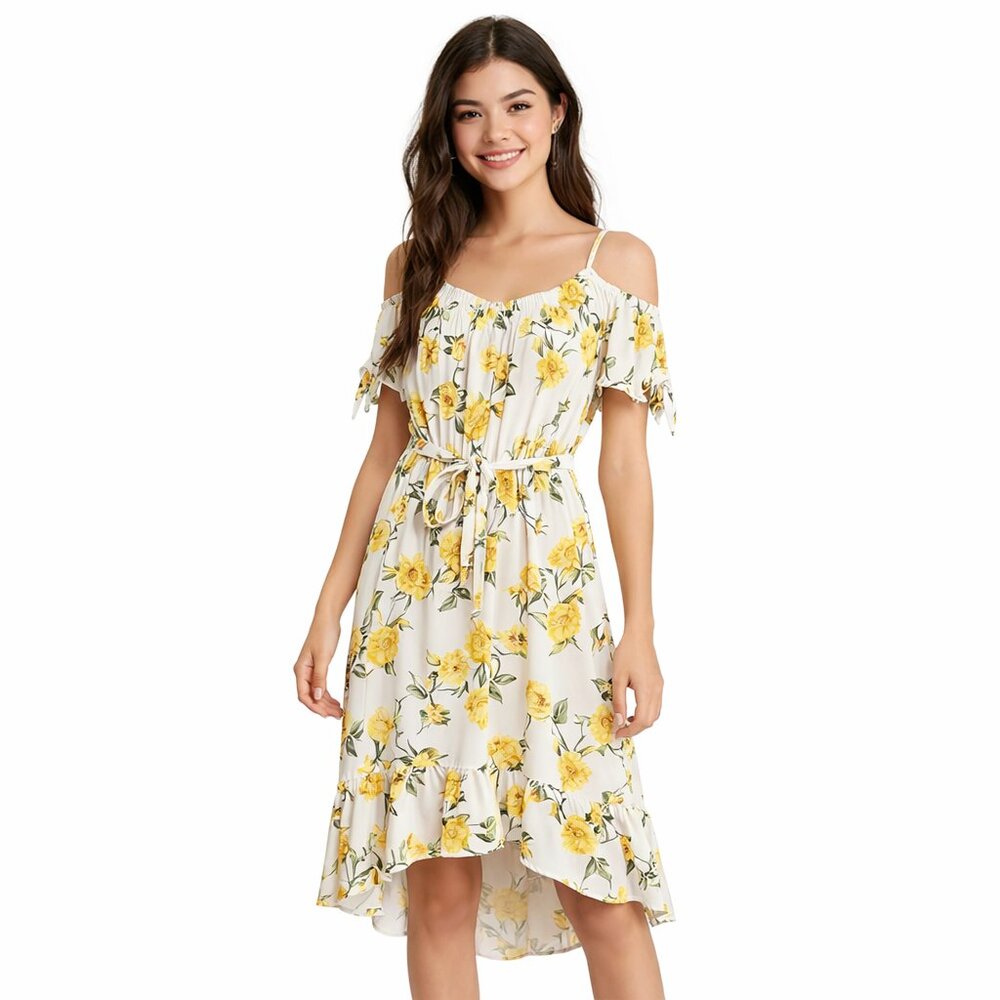 Derek Heart Juniors Sz M Yellow Floral Off Shoulder Short Sleeve Stretch Dress
